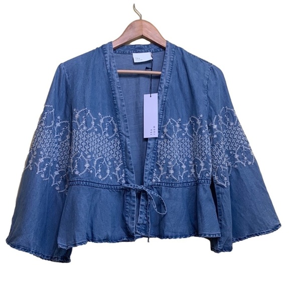 the room Tops - The Room Blue Denim NWT 100% Tencel Embroidered Boho Tie Front Bell Sleeve Top L